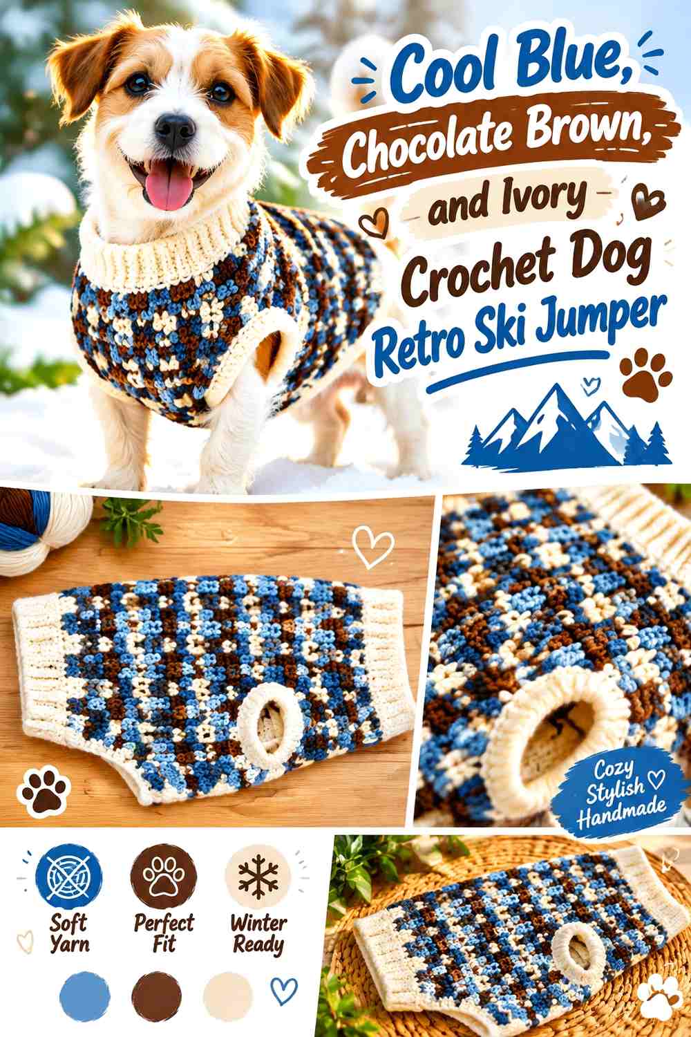 Cool Blue, Chocolate Brown, and Ivory Crochet Dog Retro Ski Jumper