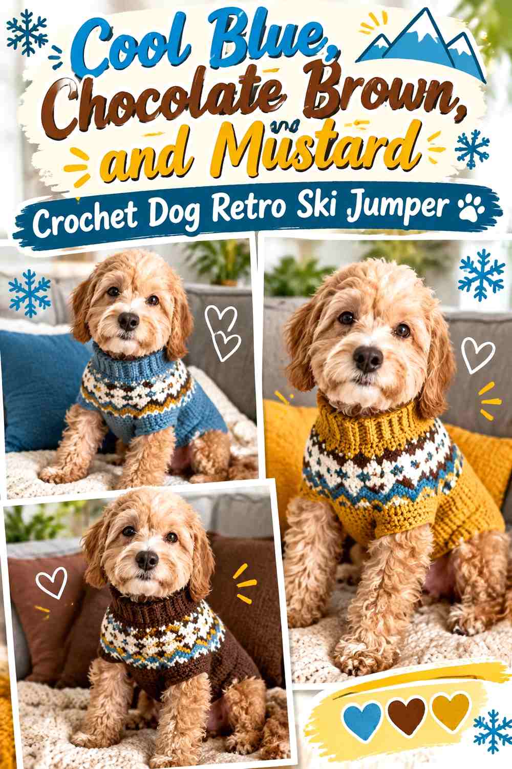 Cool Blue, Chocolate Brown, and Mustard Crochet Dog Retro Ski Jumper