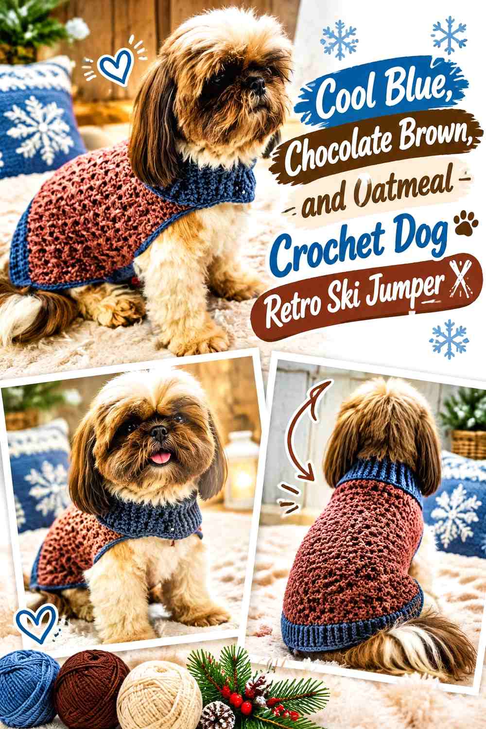 Cool Blue, Chocolate Brown, and Oatmeal Crochet Dog Retro Ski Jumper