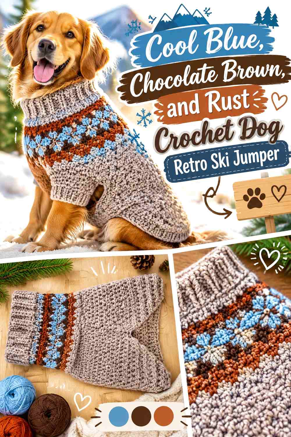 Cool Blue, Chocolate Brown, and Rust Crochet Dog Retro Ski Jumper