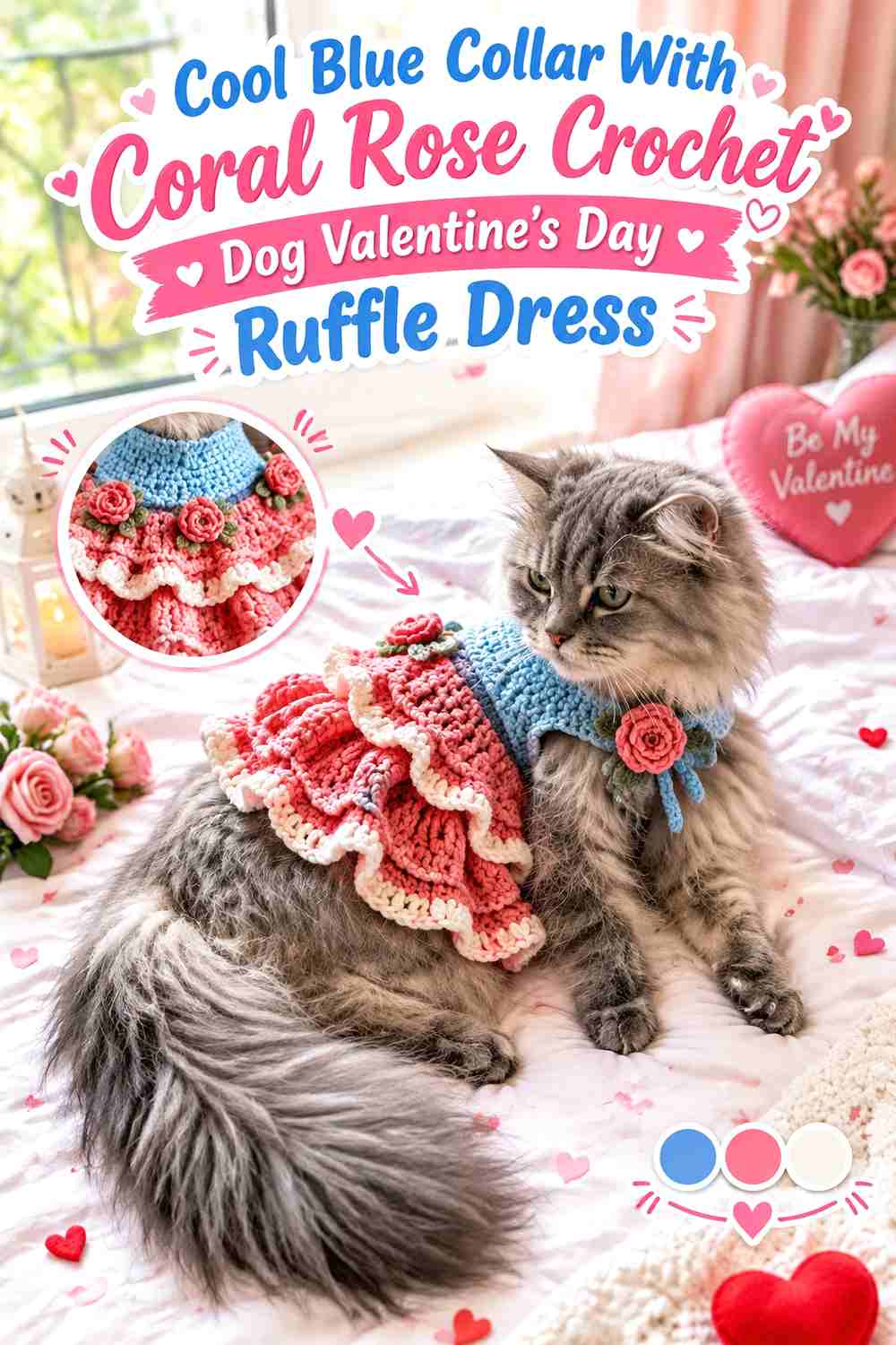 Cool Blue Collar With Coral Rose Crochet Dog Valentine's Day Ruffle Dress