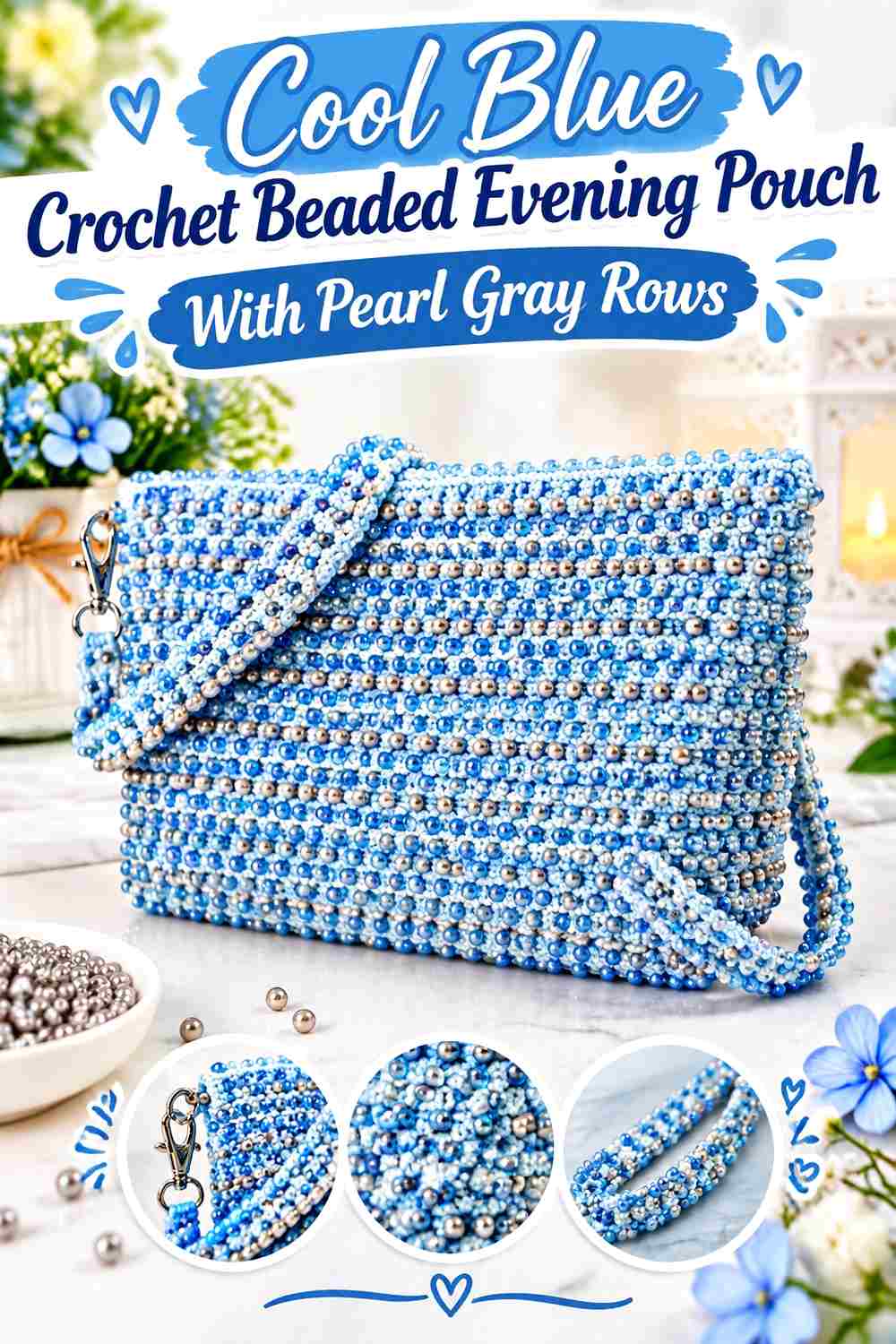 1. Cool Blue Crochet Beaded Evening Pouch With Pearl Gray Rows