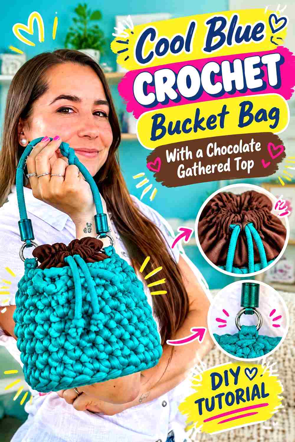 10. Cool Blue Crochet Bucket Bag With A Chocolate Gathered Top