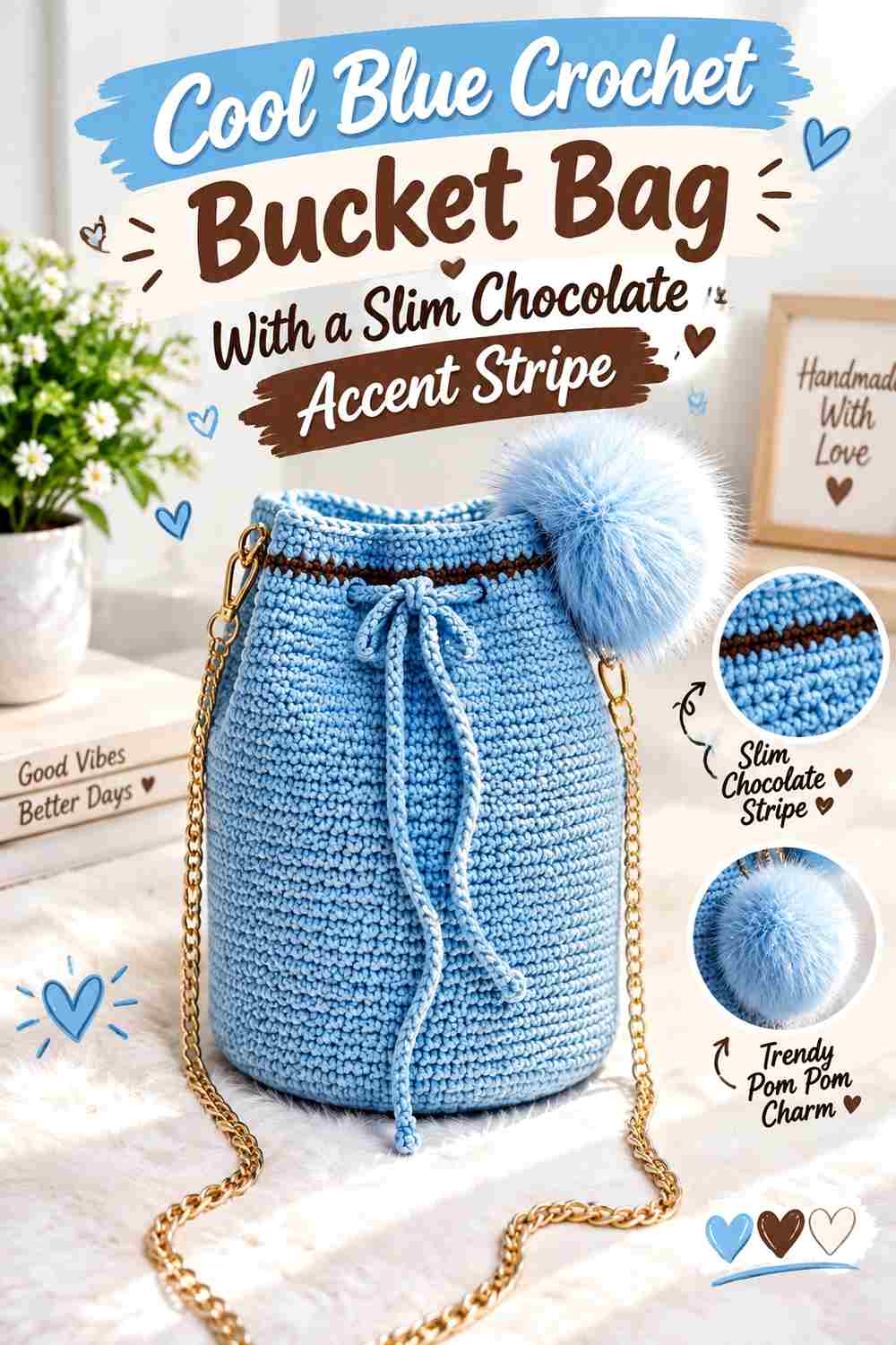 12. Cool Blue Crochet Bucket Bag With A Slim Chocolate Accent Stripe
