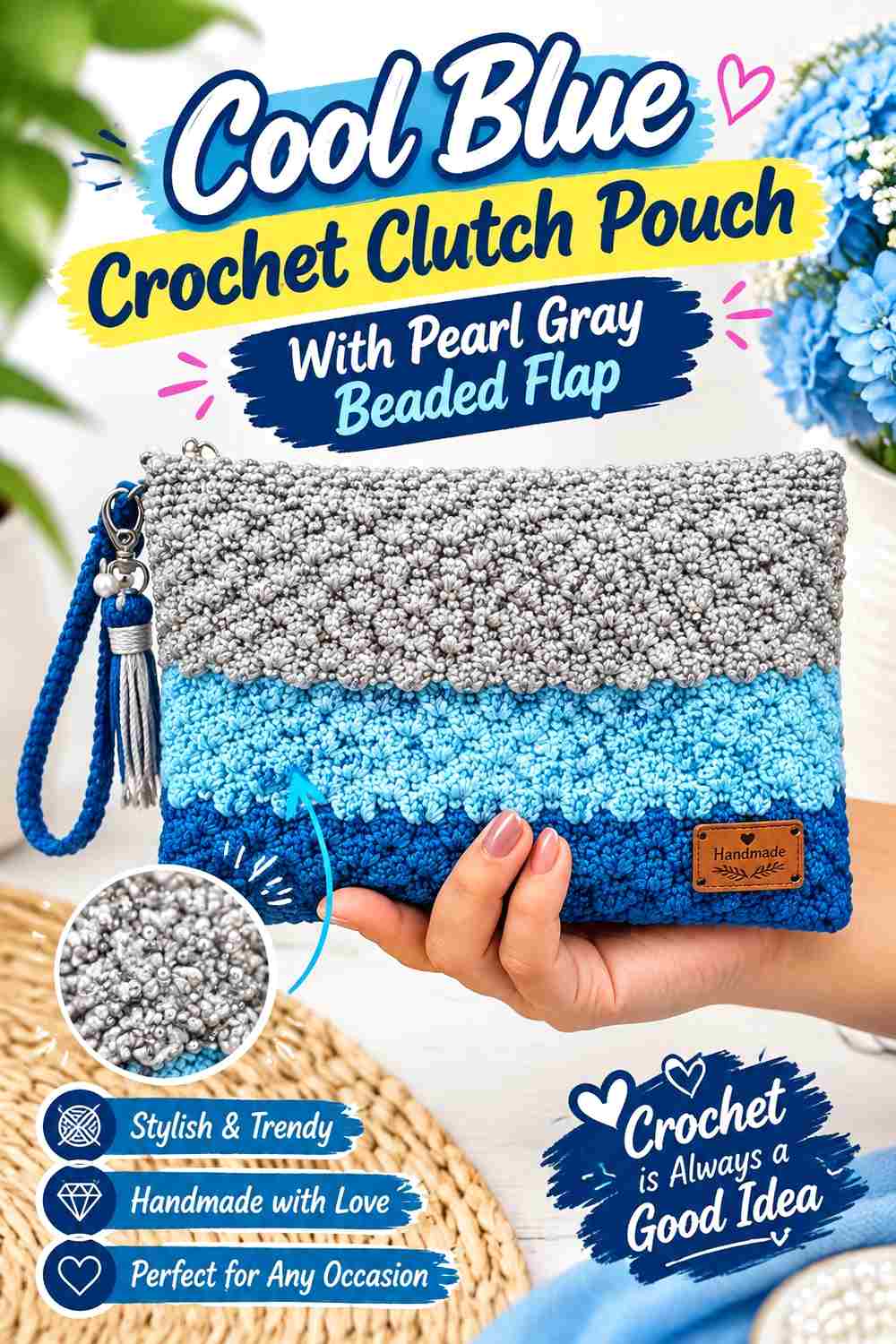 7. Cool Blue Crochet Clutch Pouch With Pearl Gray Beaded Flap