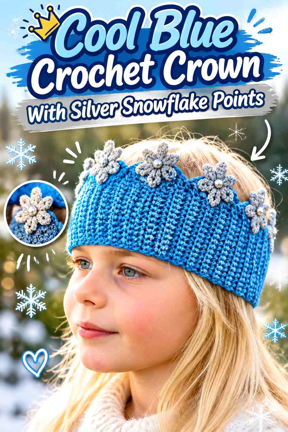1. Cool Blue Crochet Crown With Silver Snowflake Points