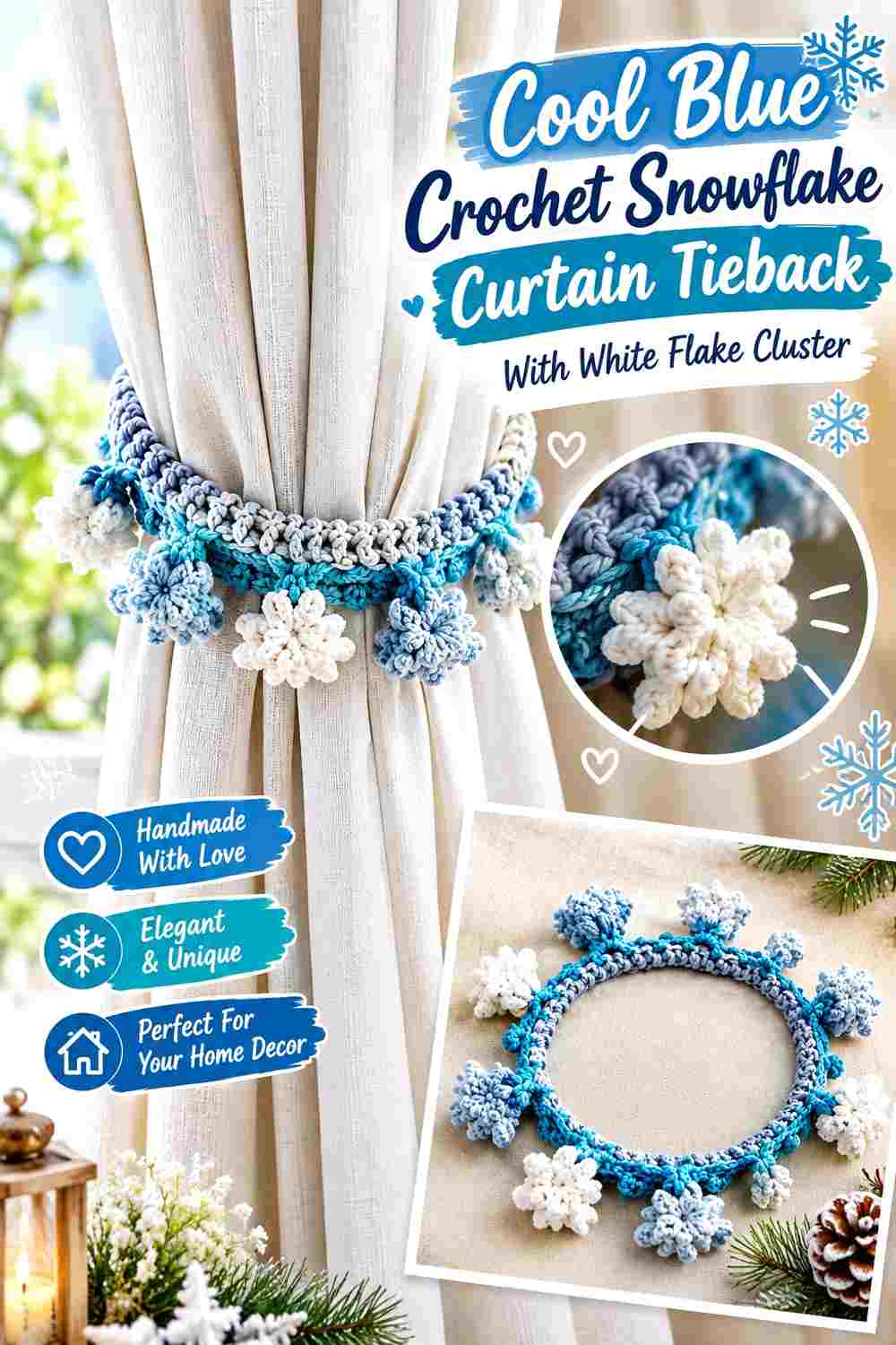 7. Cool Blue Crochet Snowflake Curtain Tieback With White Flake Cluster