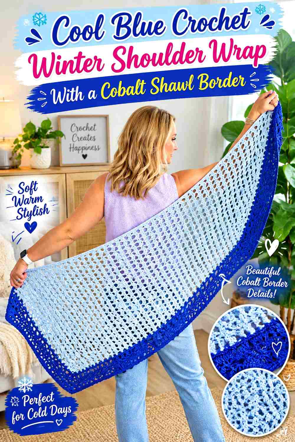 5. Cool Blue Crochet Winter Shoulder Wrap With A Cobalt Shawl Border
