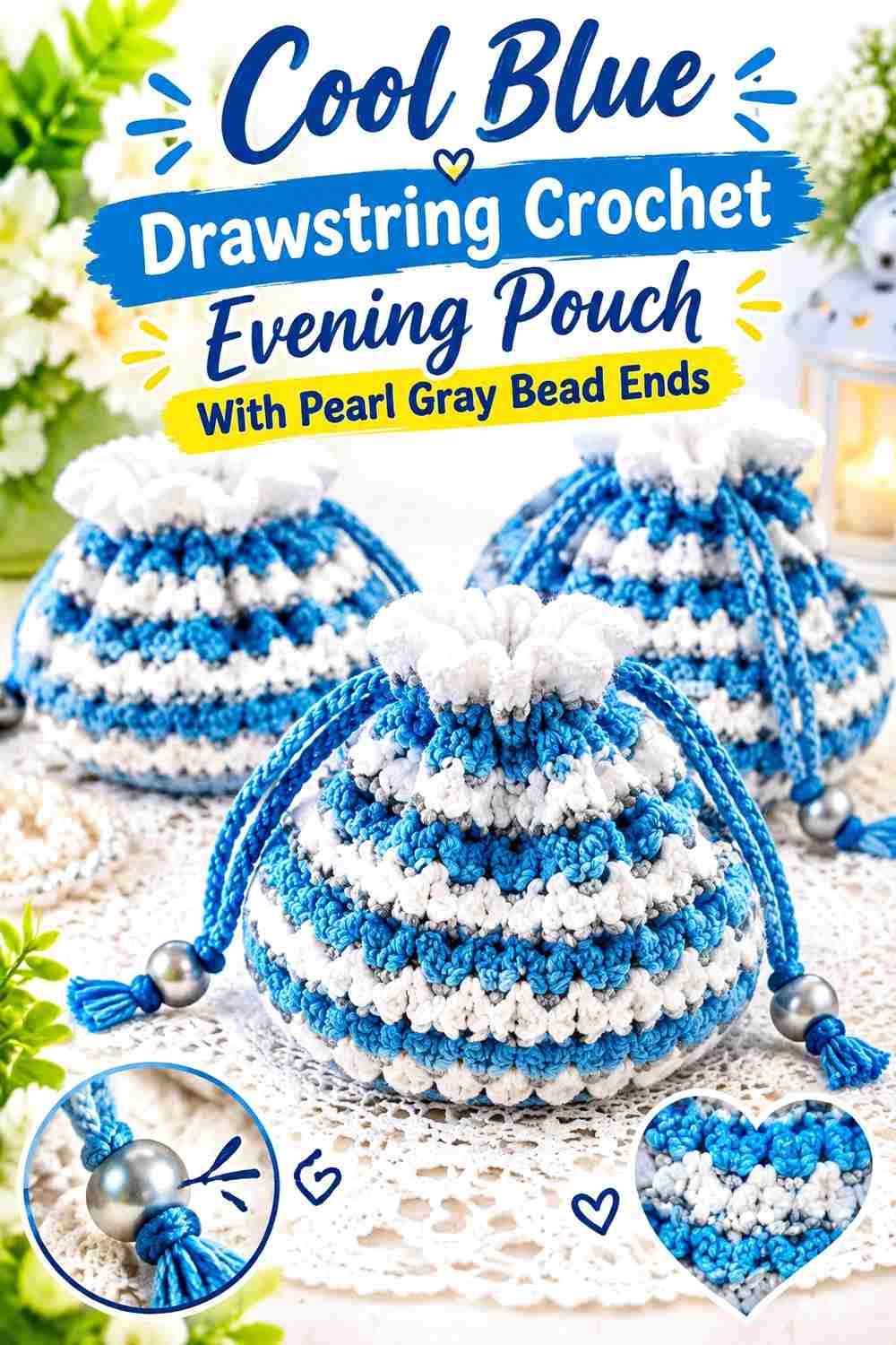 3. Cool Blue Drawstring Crochet Evening Pouch With Pearl Gray Bead Ends