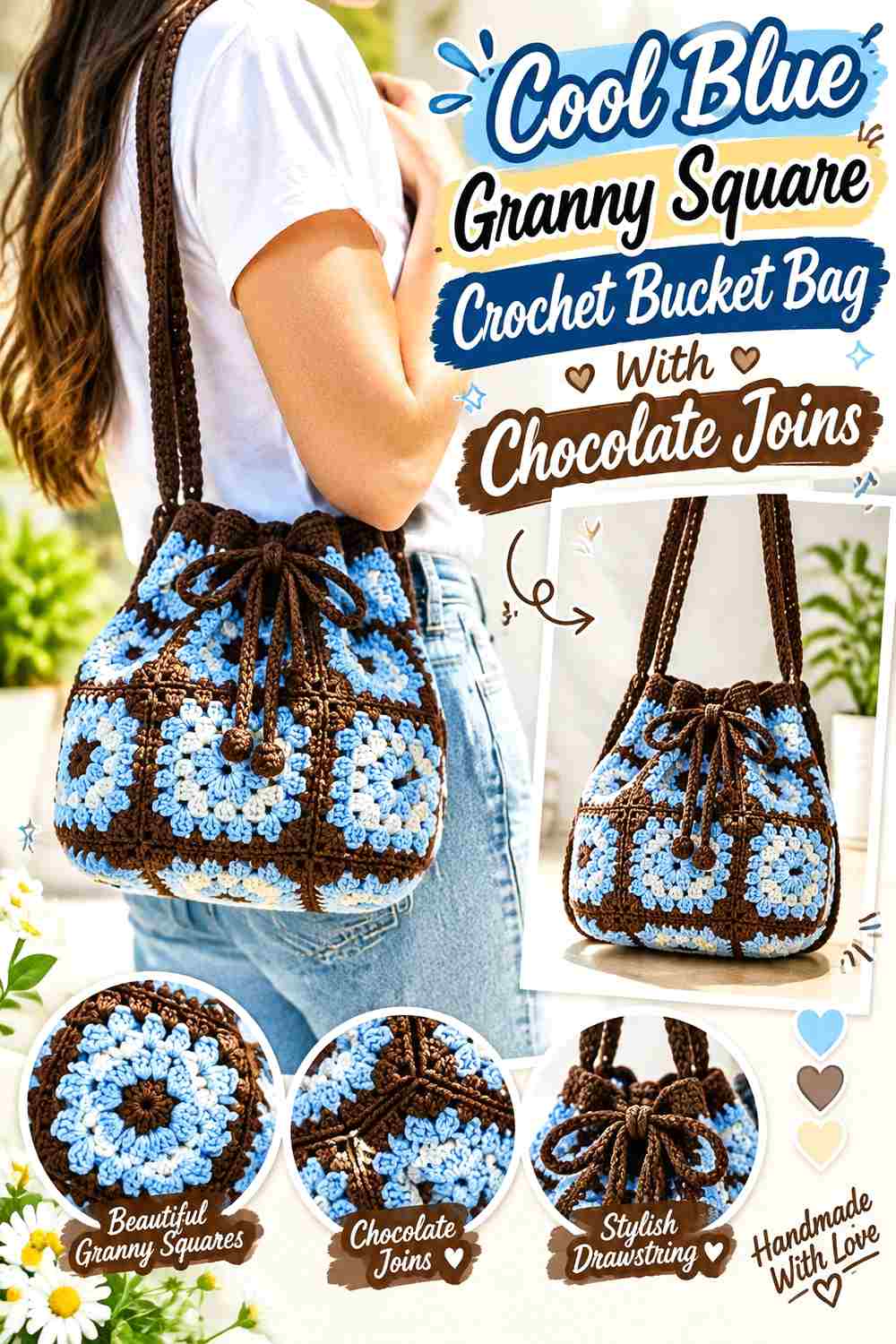 4. Cool Blue Granny Square Crochet Bucket Bag With Chocolate Joins