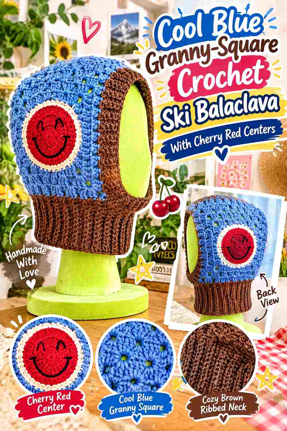 9. Cool Blue Granny Square Crochet Ski Balaclava With Cherry Red Centers