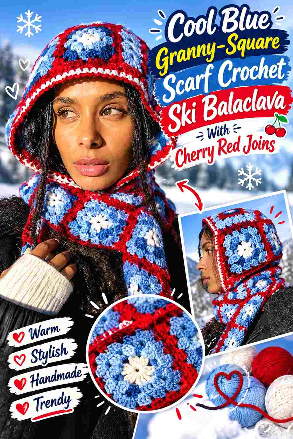 12. Cool Blue Granny Square Scarf Crochet Ski Balaclava With Cherry Red Joins