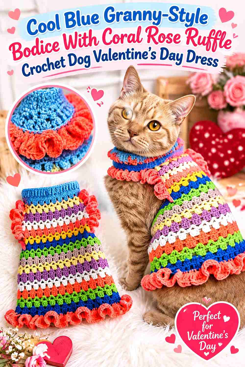 Cool Blue Granny-Style Bodice With Coral Rose Ruffle Crochet Dog Valentine's Day Dress