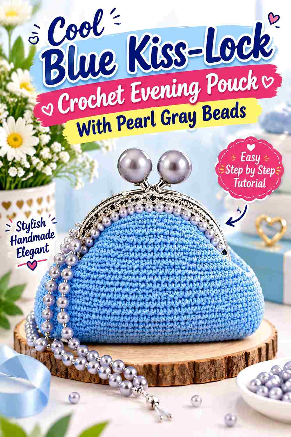 11. Cool Blue Kiss Lock Crochet Evening Pouch With Pearl Gray Beads