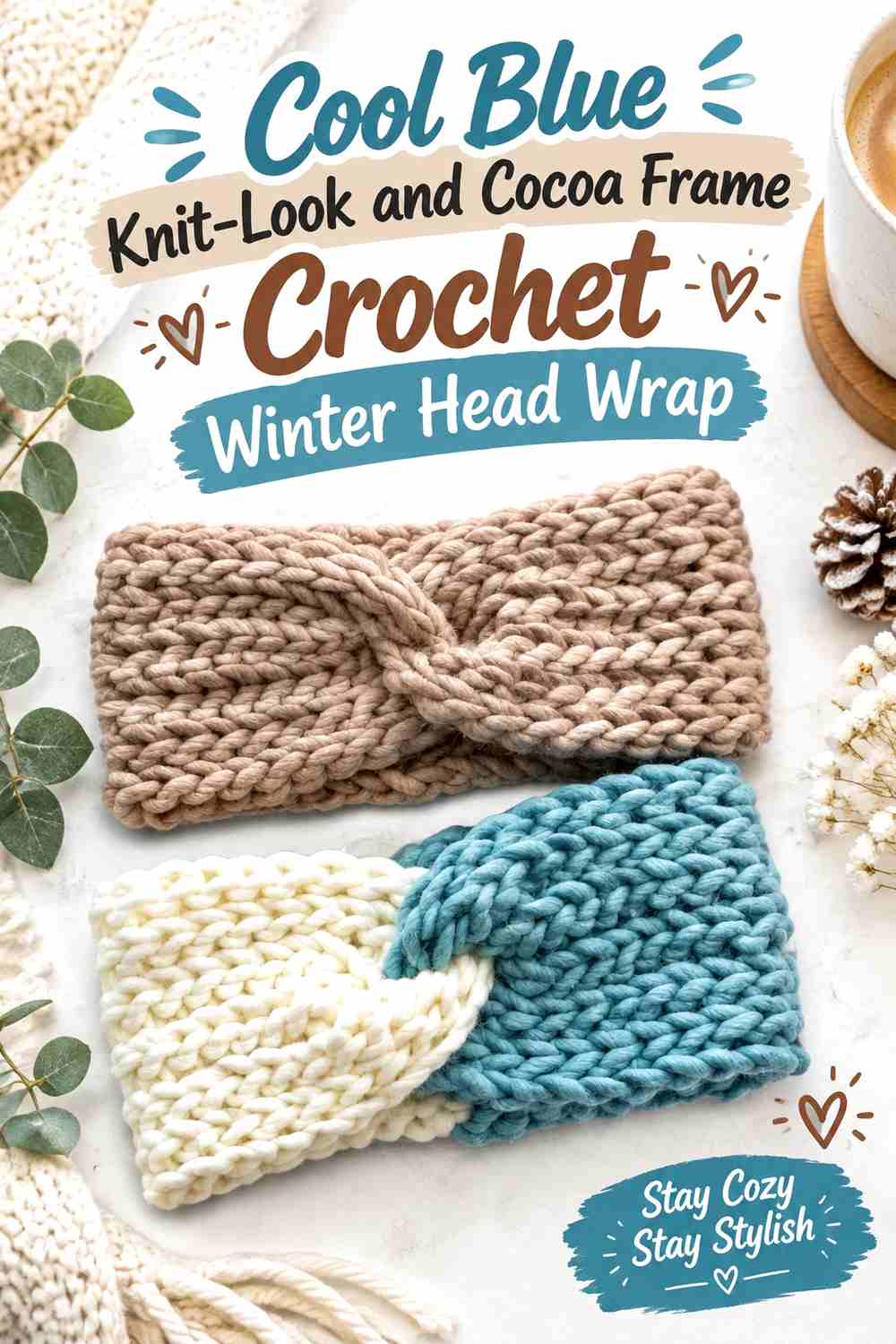 5. Cool Blue Knit Look And Cocoa Frame Crochet Winter Head Wrap