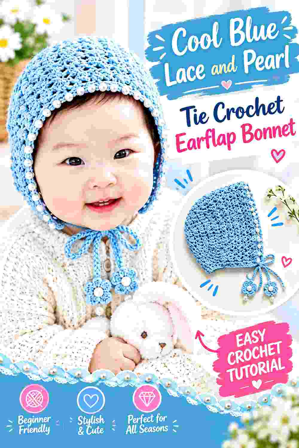 7. Cool Blue Lace And Pearl Tie Crochet Earflap Bonnet