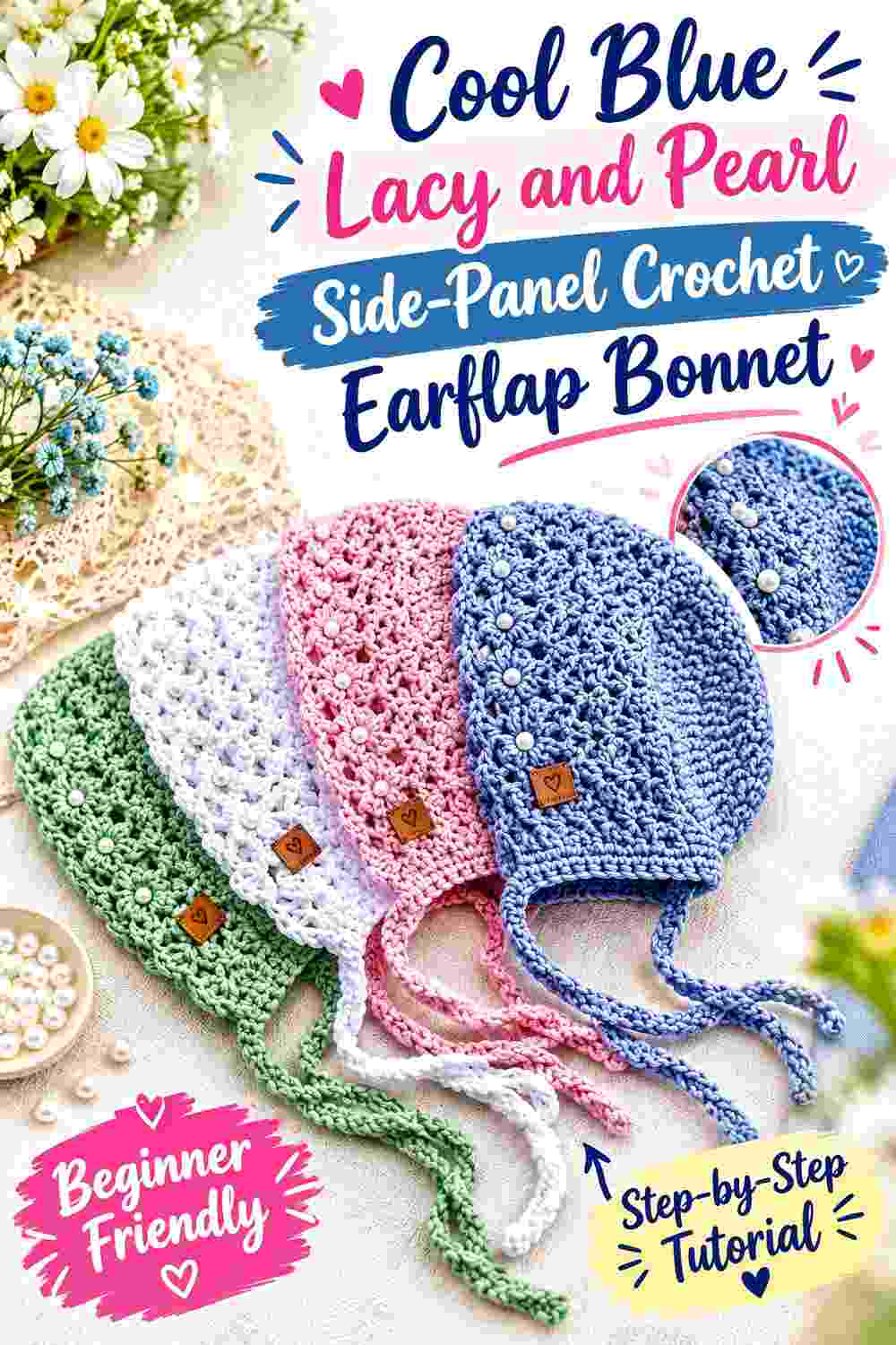 10. Cool Blue Lacy And Pearl Side Panel Crochet Earflap Bonnet
