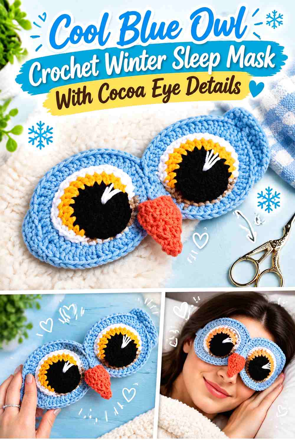 9. Cool Blue Owl Crochet Winter Sleep Mask With Cocoa Eye Details