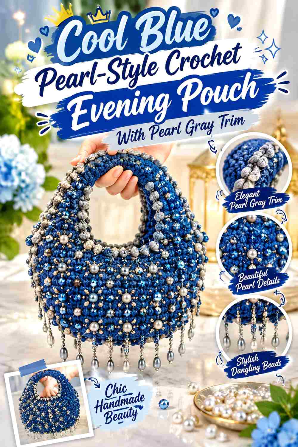 5. Cool Blue Pearl Style Crochet Evening Pouch With Pearl Gray Trim