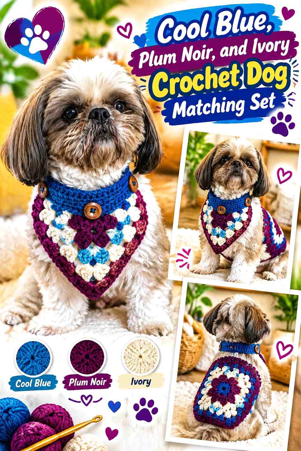 Cool Blue, Plum Noir, and Ivory Crochet Dog Matching Set