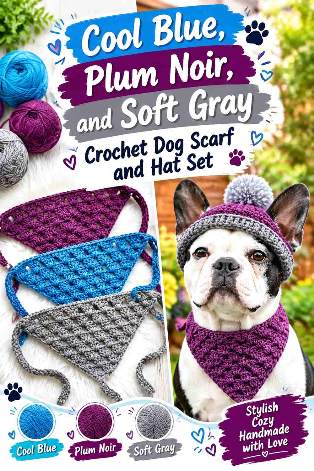 Cool Blue, Plum Noir, and Soft Gray Crochet Dog Scarf and Hat Set