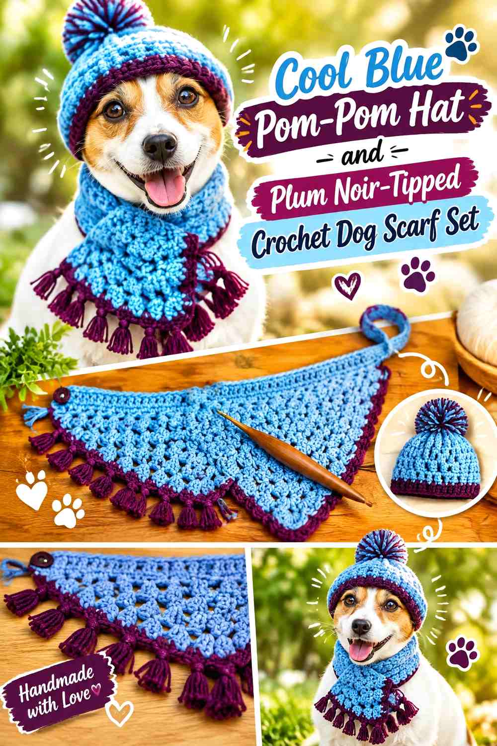 Cool Blue Pom-Pom Hat and Plum Noir-Tipped Crochet Dog Scarf Set