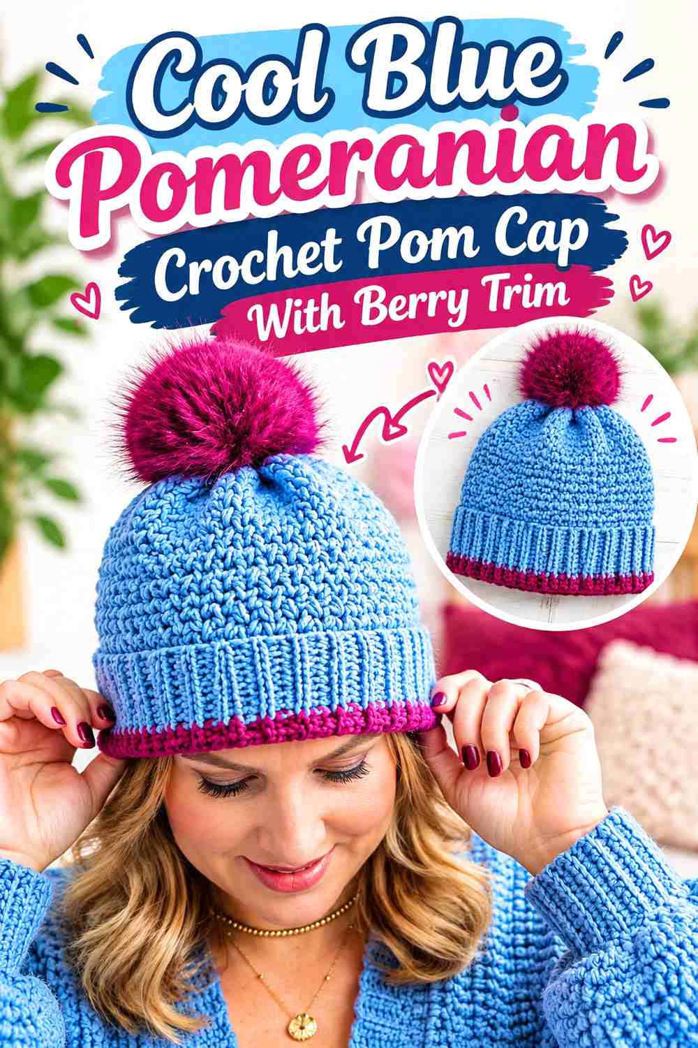 Cool Blue Pomeranian Crochet Pom Cap With Berry Trim