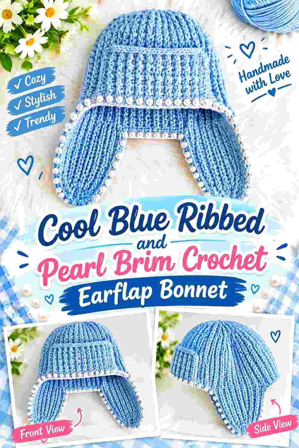 2. Cool Blue Ribbed And Pearl Brim Crochet Earflap Bonnet