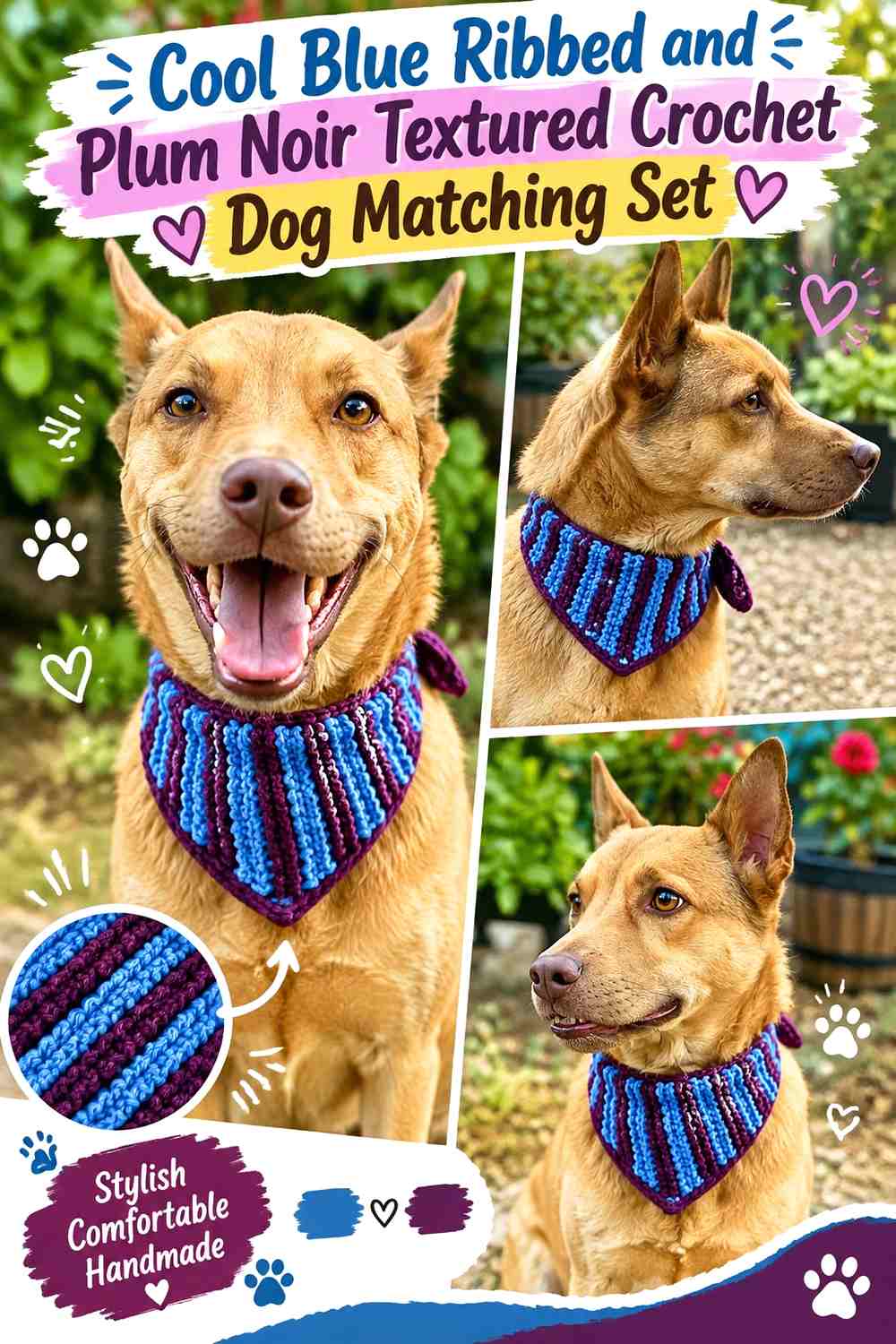 Cool Blue Ribbed and Plum Noir Textured Crochet Dog Matching Set