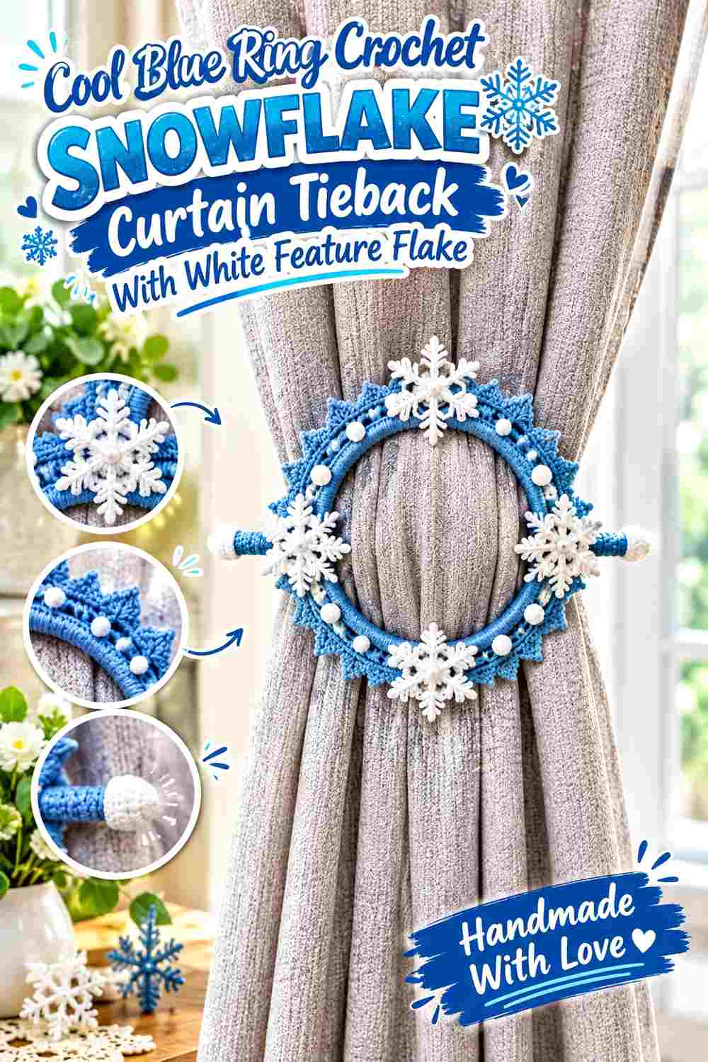 5. Cool Blue Ring Crochet Snowflake Curtain Tieback With White Feature Flake