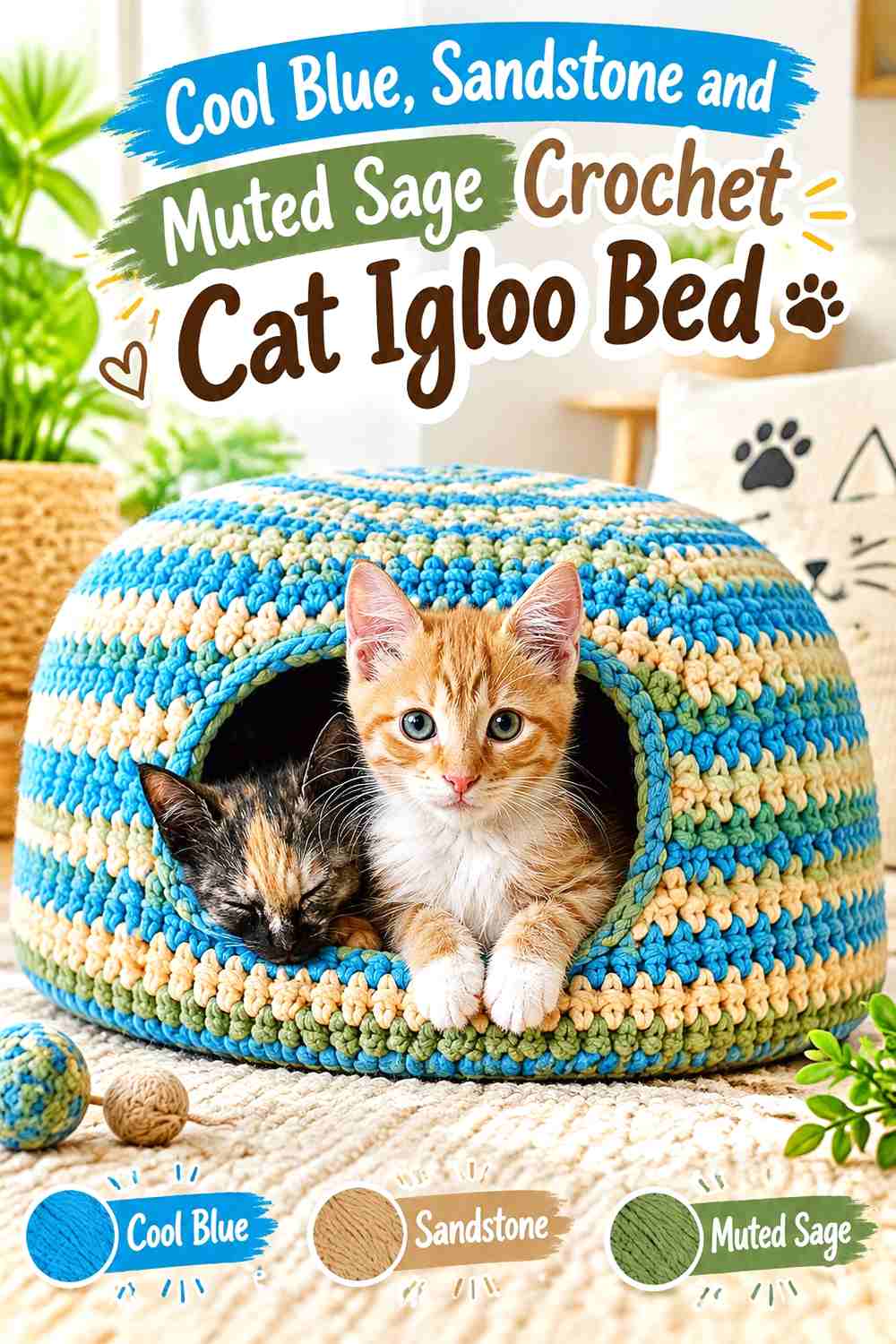 Cool Blue, Sandstone and Muted Sage Crochet Cat Igloo Bed
