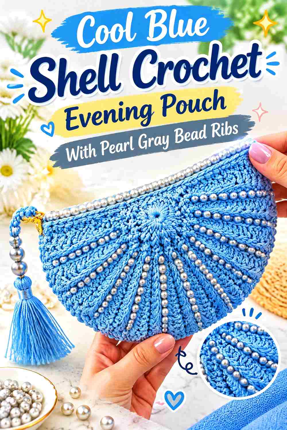 9. Cool Blue Shell Crochet Evening Pouch With Pearl Gray Bead Ribs
