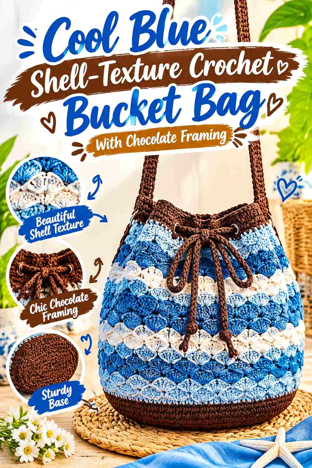 8. Cool Blue Shell Texture Crochet Bucket Bag With Chocolate Framing
