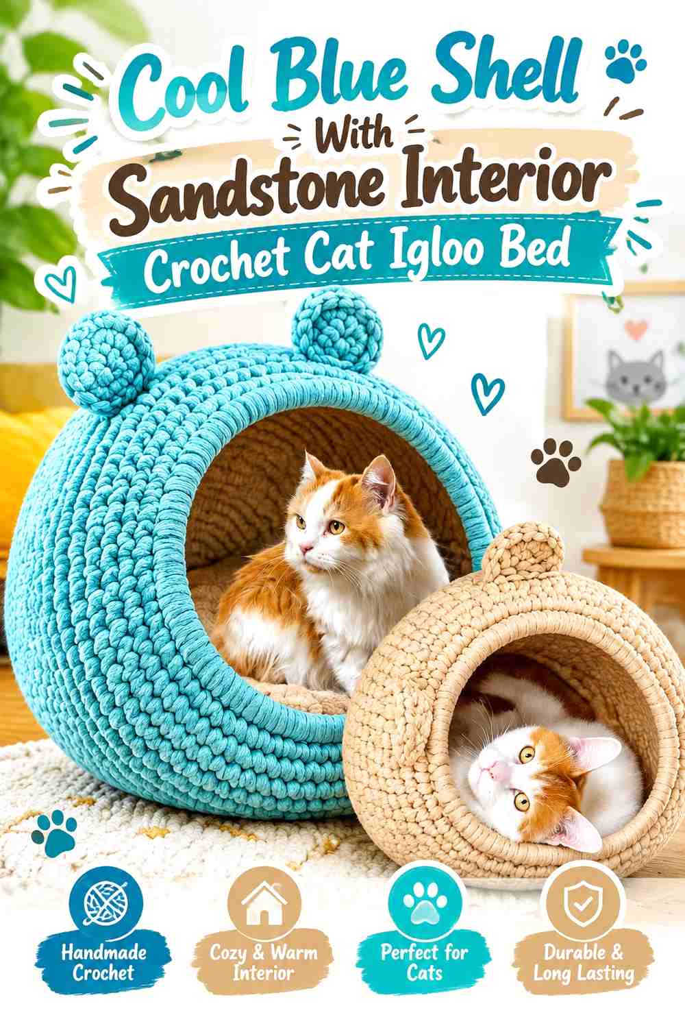 Cool Blue Shell With Sandstone Interior Crochet Cat Igloo Bed