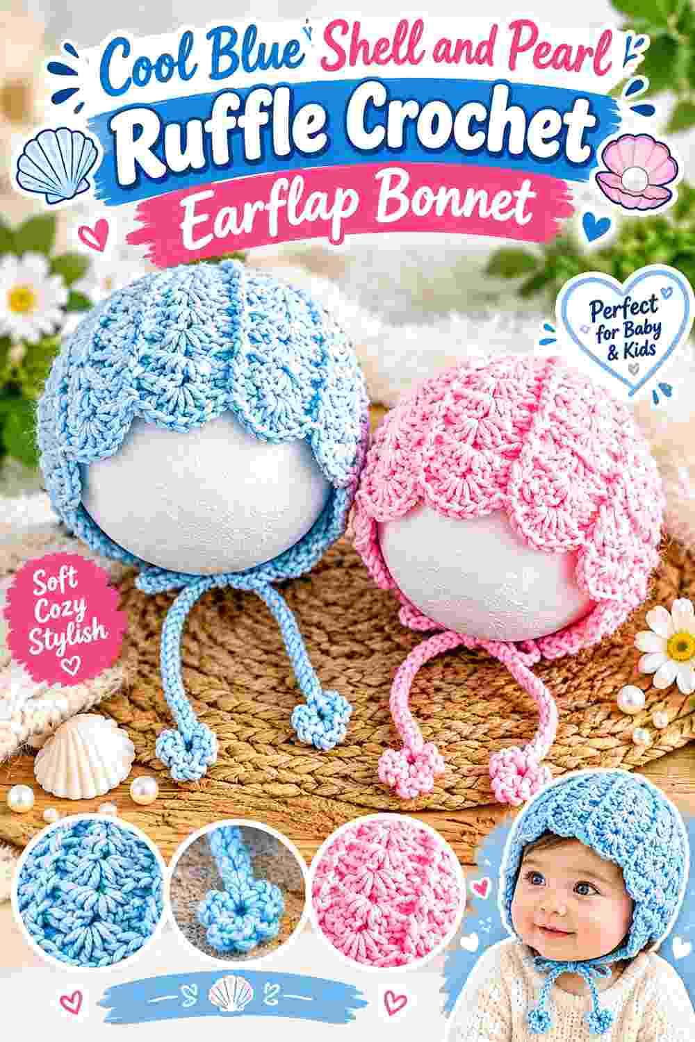 6. Cool Blue Shell And Pearl Ruffle Crochet Earflap Bonnet