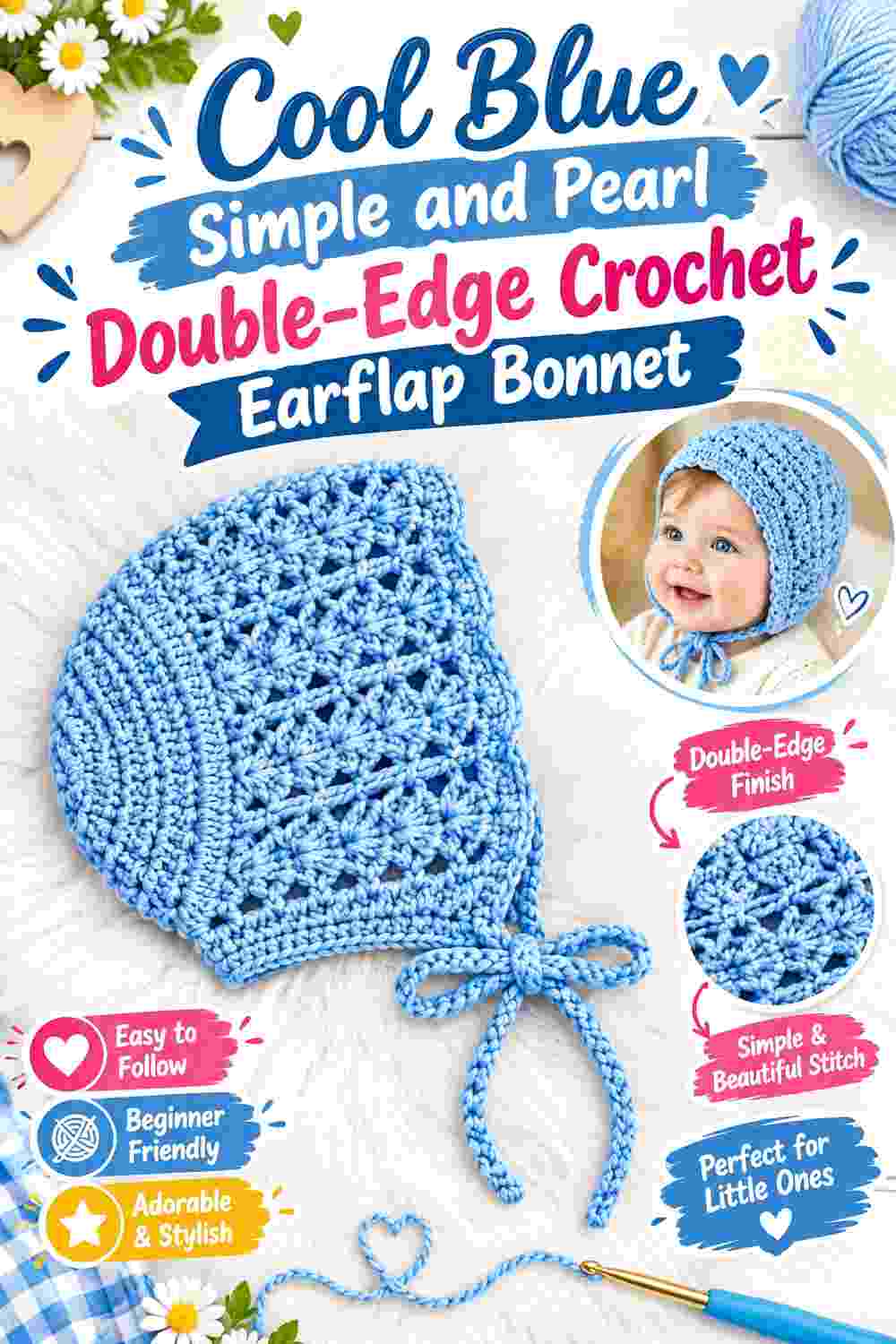 11. Cool Blue Simple And Pearl Double Edge Crochet Earflap Bonnet
