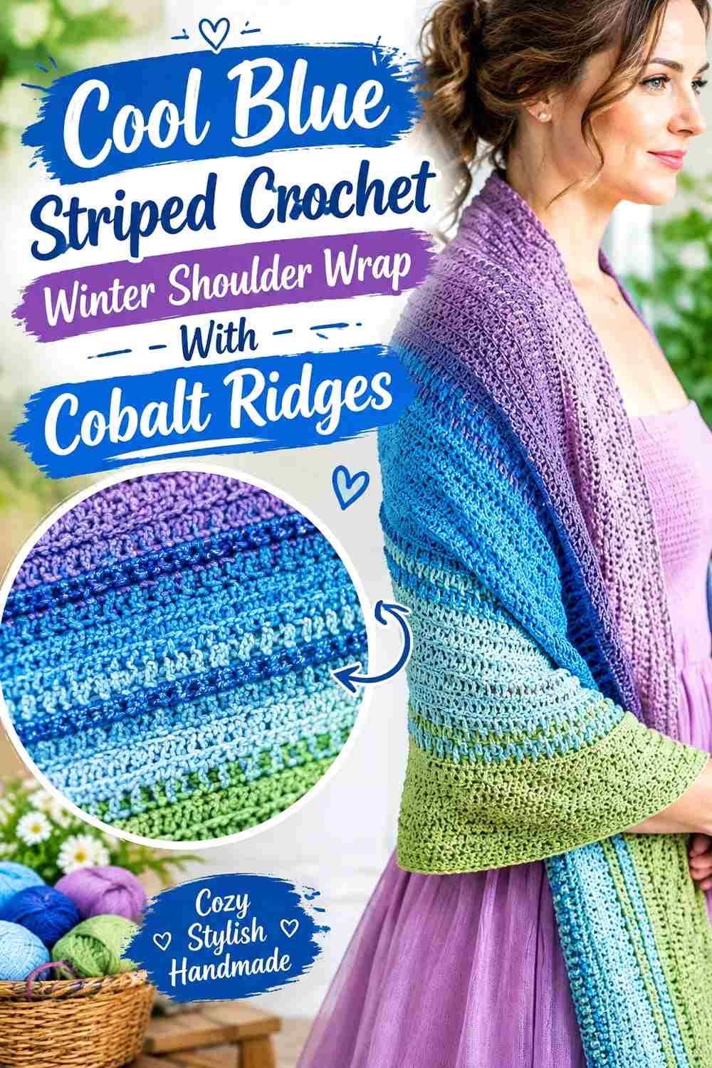 7. Cool Blue Striped Crochet Winter Shoulder Wrap With Cobalt Ridges