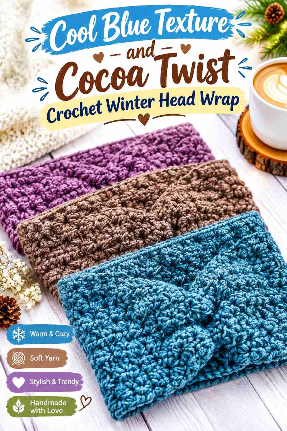 7. Cool Blue Texture And Cocoa Twist Crochet Winter Head Wrap