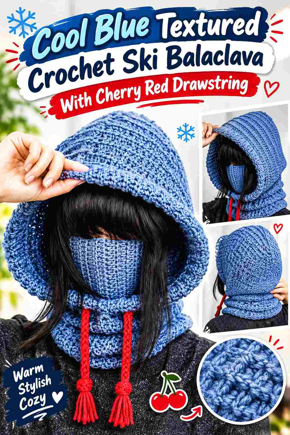 8. Cool Blue Textured Crochet Ski Balaclava With Cherry Red Drawstring