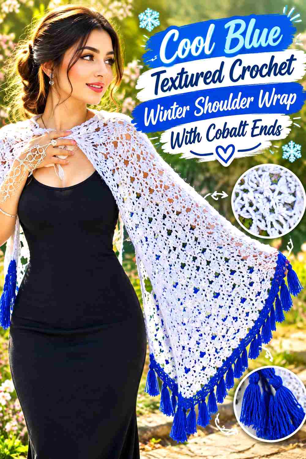 3. Cool Blue Textured Crochet Winter Shoulder Wrap With Cobalt Ends