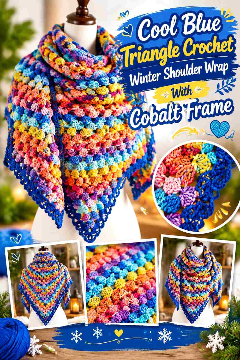 13. Cool Blue Triangle Crochet Winter Shoulder Wrap With Cobalt Frame