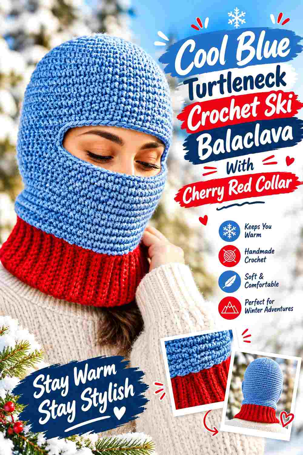 5. Cool Blue Turtleneck Crochet Ski Balaclava With Cherry Red Collar