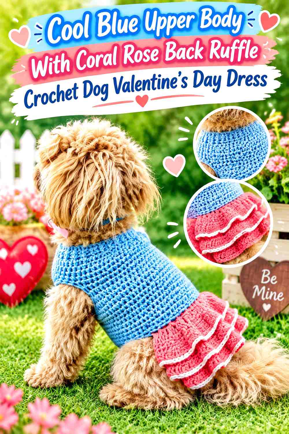 Cool Blue Upper Body With Coral Rose Back Ruffle Crochet Dog Valentine's Day Dress