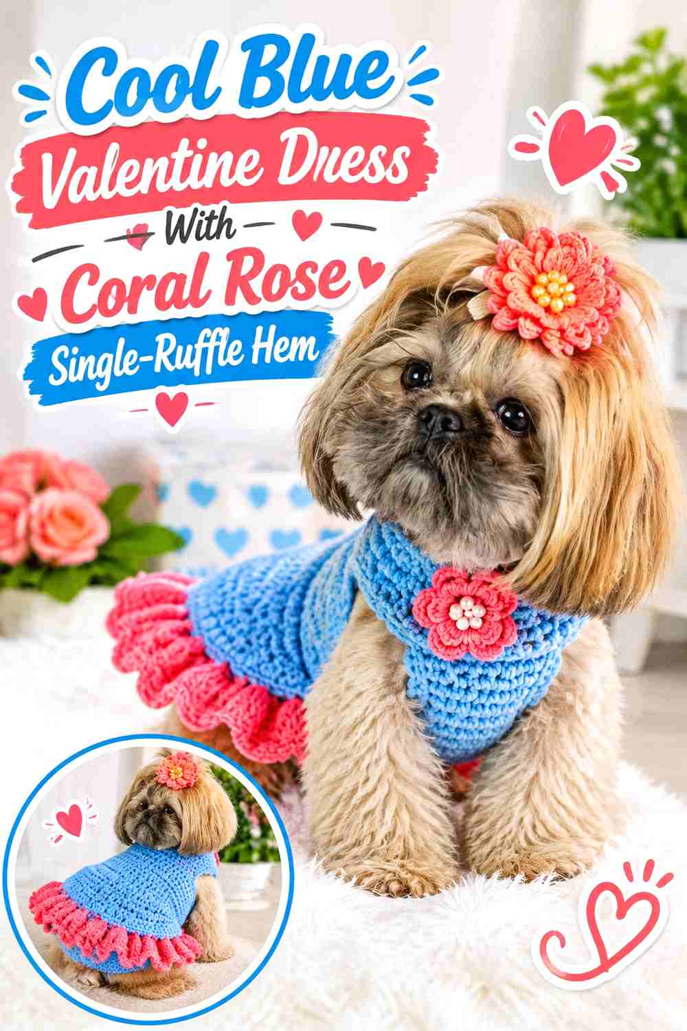 Cool Blue Valentine Dress With Coral Rose Single-Ruffle Hem