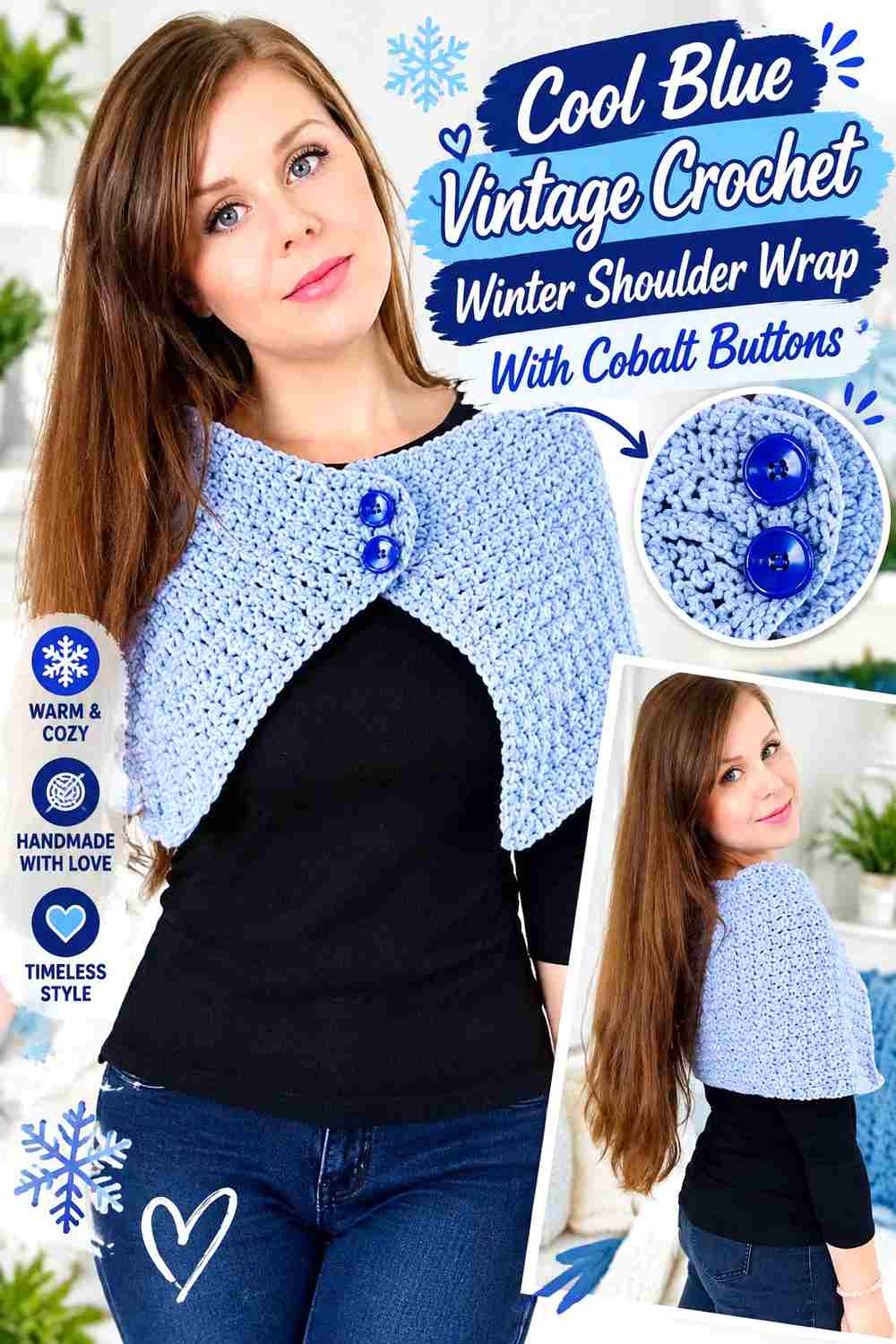 9. Cool Blue Vintage Crochet Winter Shoulder Wrap With Cobalt Buttons