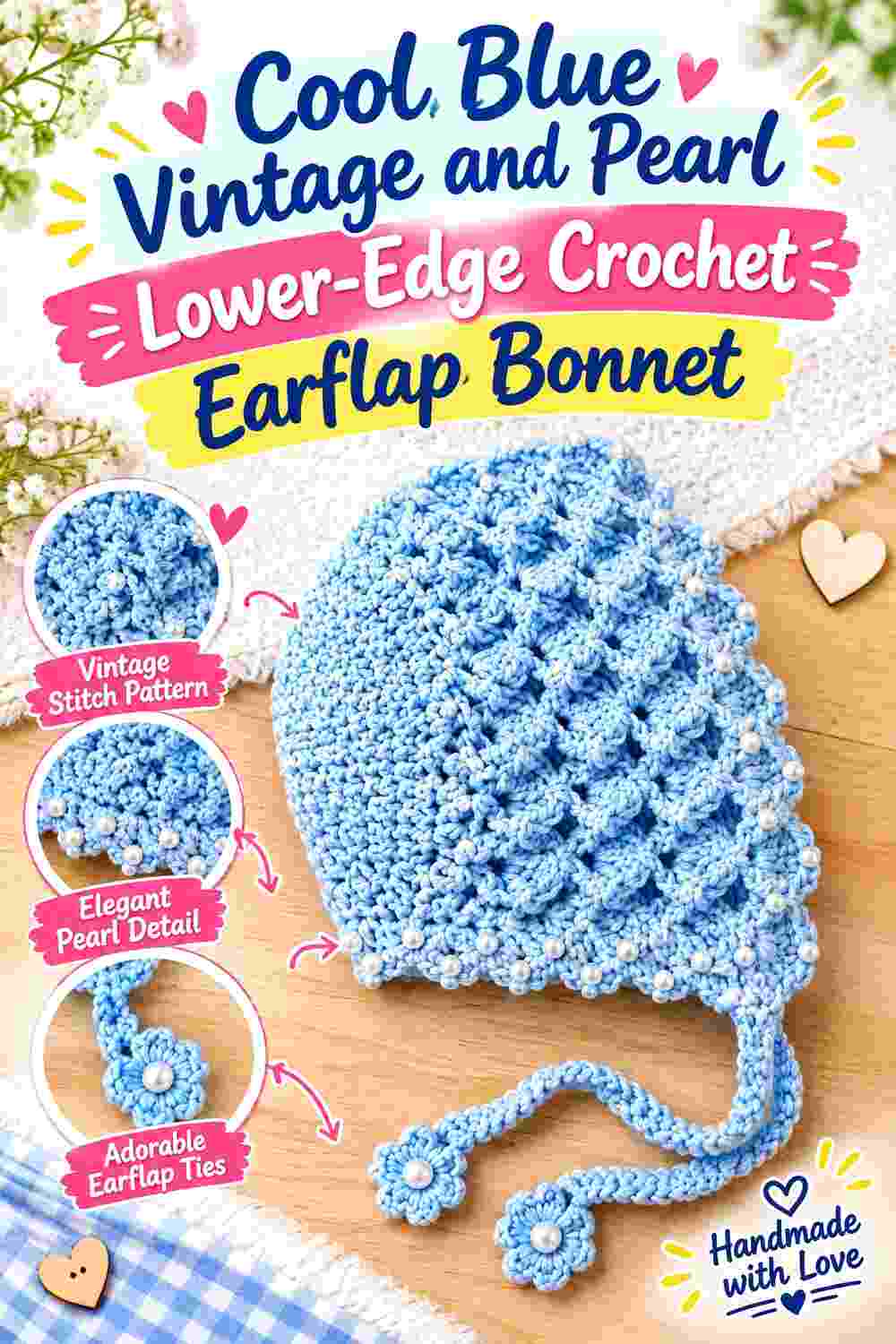 9. Cool Blue Vintage And Pearl Lower Edge Crochet Earflap Bonnet