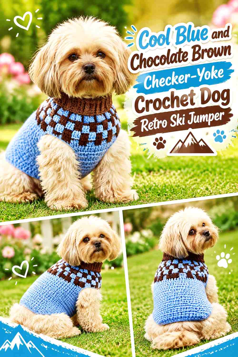 Cool Blue and Chocolate Brown Checker-Yoke Crochet Dog Retro Ski Jumper