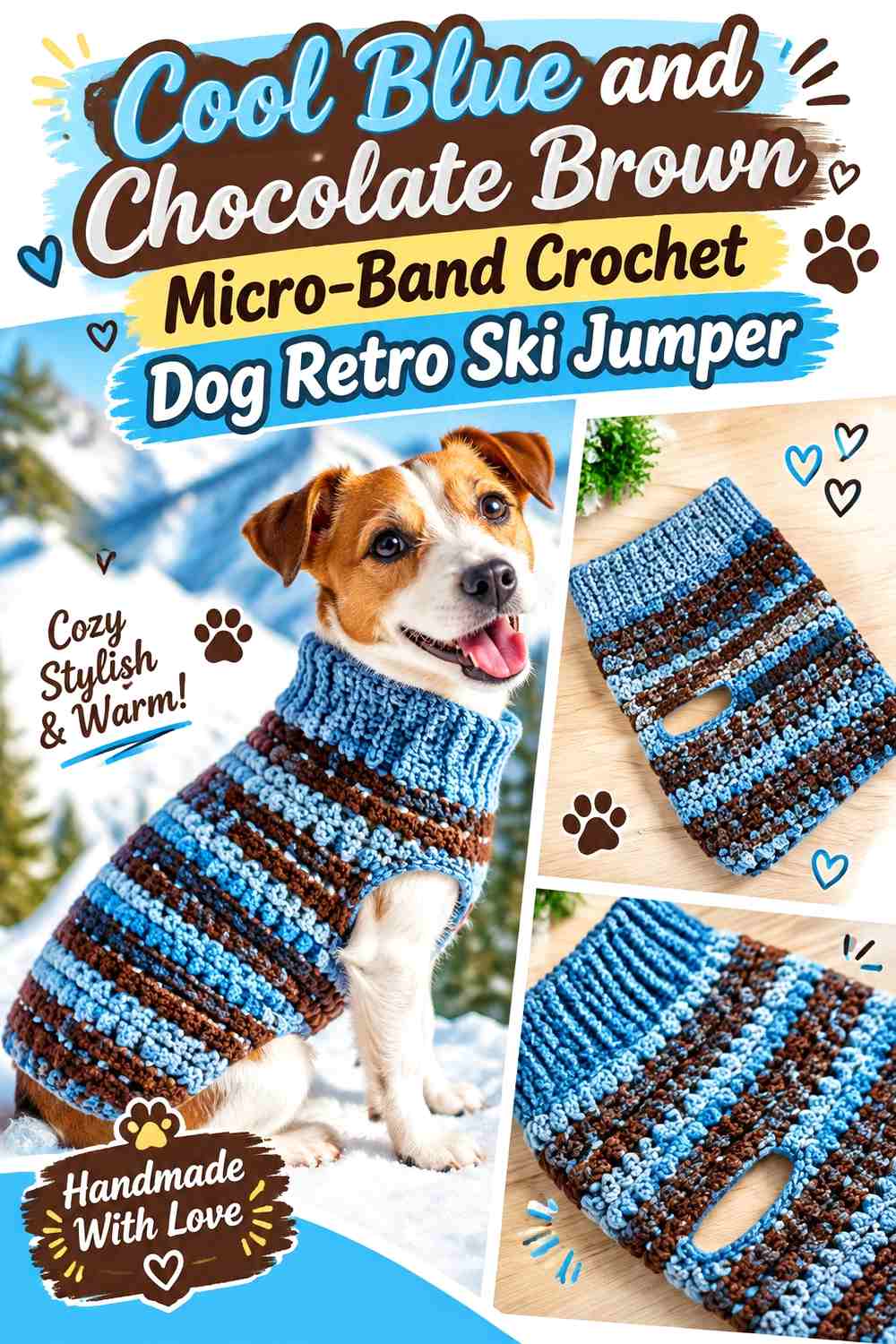Cool Blue and Chocolate Brown Micro-Band Crochet Dog Retro Ski Jumper