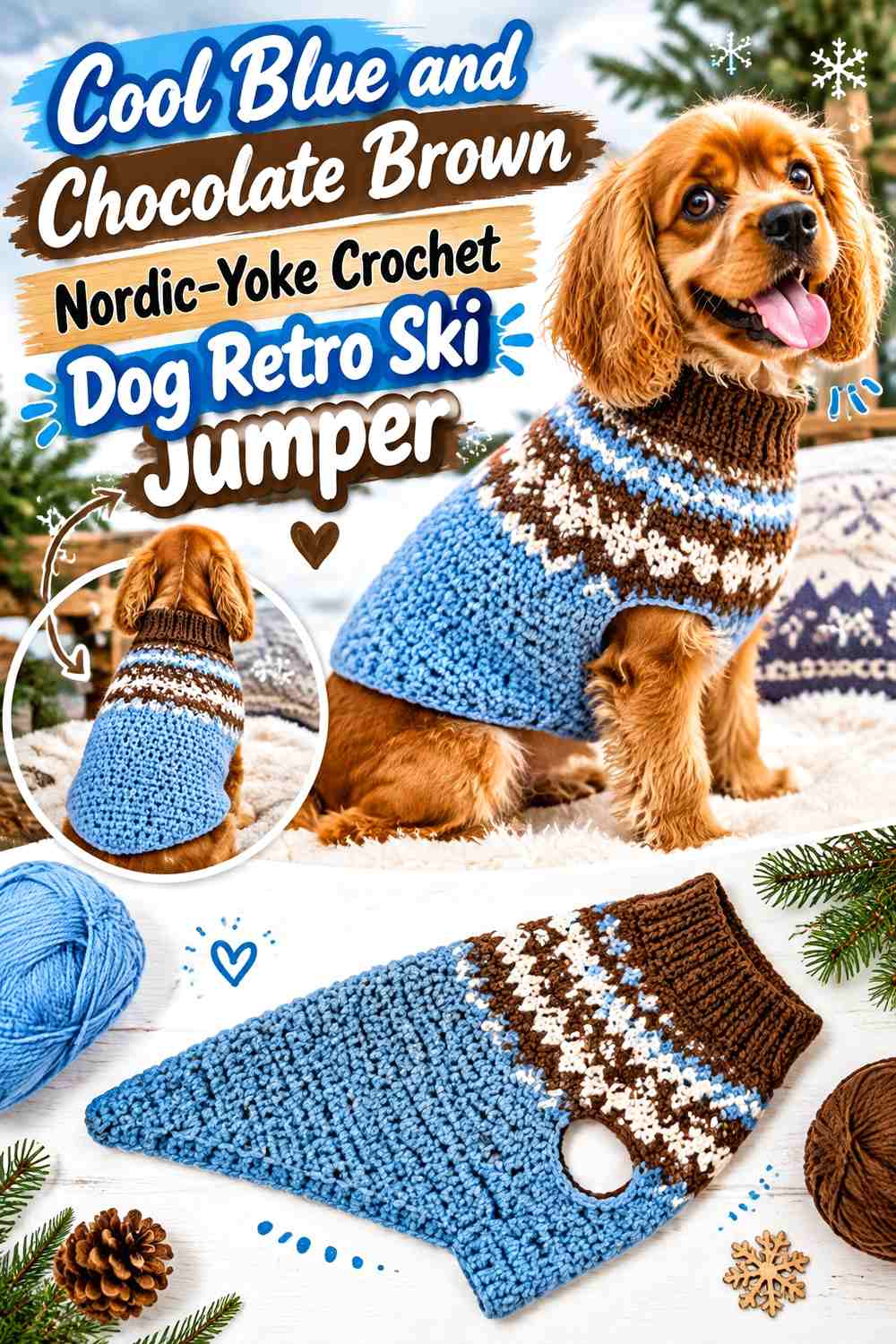Cool Blue and Chocolate Brown Nordic-Yoke Crochet Dog Retro Ski Jumper