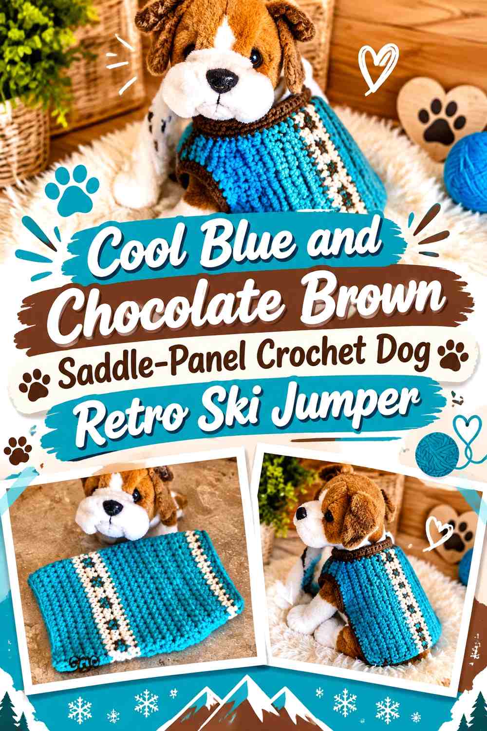 Cool Blue and Chocolate Brown Saddle-Panel Crochet Dog Retro Ski Jumper